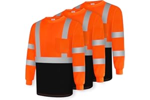 Uno Mejor High Visibility Shirts for Men Class 3 Hi Vis Reflective Safety Construction Shirts for Men Women, Long Sleeve Work Shirts with Black Bottom, Meet ANSI, Durable, Breathable, Orange L, 3PCS