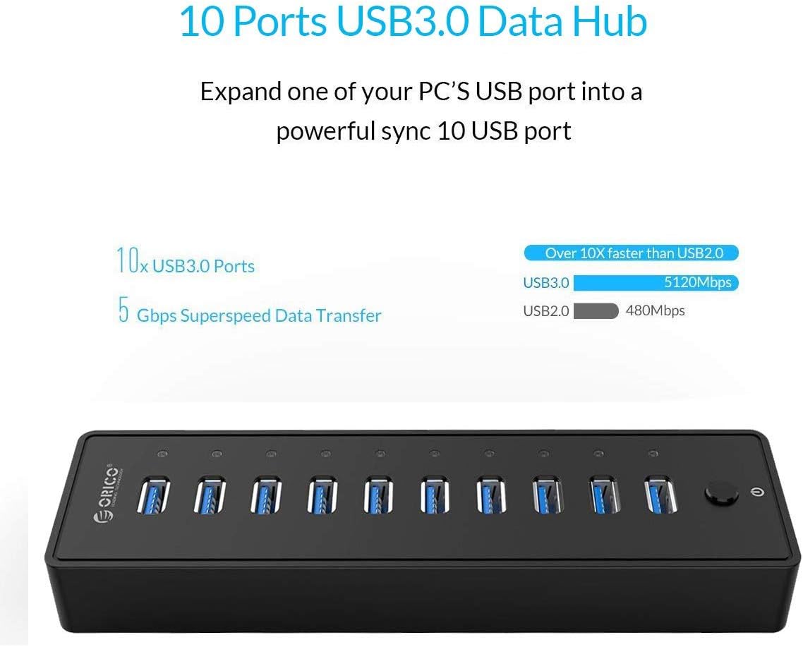 ORICO Powered USB Hub, 10 Ports 36W USB 3.0 Data Hub with 12V/3A Power Adapter for Computer, PC, Laptop, Mobile HDD, Flash Drive and More: Computers & Accessories