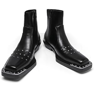 Zotixvox Square Head High Heel Chelsea Boots Men's Spring and Autumn High Top Iron Head Zipper Boots