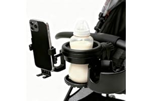 Stroller Cup Phone Holder Attachment, 3-in-1 Universal Cup Holder with Adjustable Phone Mount, Double Cup Holder for Walker W