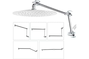 iFealClear All Metal 16" Shower Head Extension Arm, Solid Brass Shower Head Extender Adjustable Height Angle, G1/2 Universal Connection Stainless Steel Pipe with Lock Joint for Rain Showerhead, Chrome