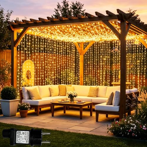 Lichtfam Curtain Lights, 6 x 3 m 600 LED Waterfall Lights with Plug, 8 Modes Decoration Wedding Waterproof Curtain Light for Balcony Garden Party Wall Ceiling Room Indoor Outdoor