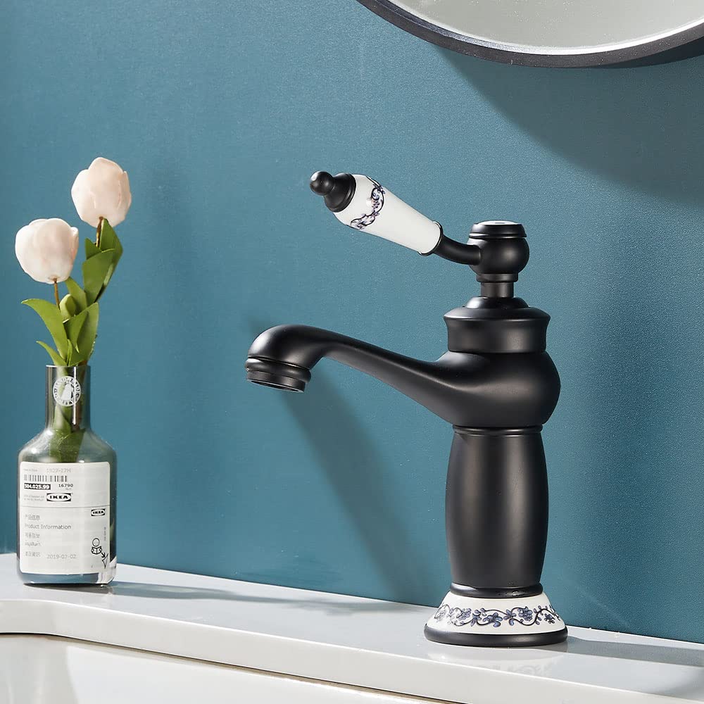 Maynosi Retro Bathroom Basin Mixer Tap, Luxury Victorian Mixer Taps with Floral Ceramic Handle, Single Lever Mono Vintage Sink Faucet for Cloakroom, Include Flexible Tails, Brass (Matte Black)