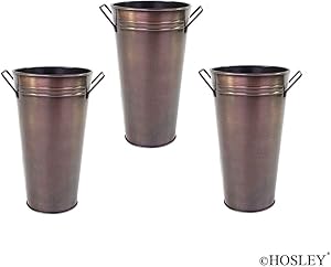Hosley Set of 3 Antique Bronze Galvanized Floral Vases French Buckets with Handles 9 Inches High Ideal for Dried Floral Arrangements for Wedding Gift Spa Vigil Aromatherapy Memorial O4