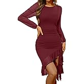 OKIFOIR Sexy Bodycon Midi Dress for Women Ruched Backless Long Sleeve Fall Cocktail Party Dresses 2025