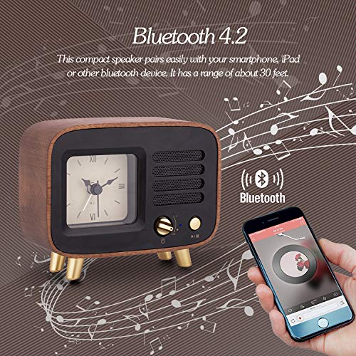 Retro Alarm Clocks & Bluetooth Speaker, Roman Numbers Silent Wooden Analog Desktop Clock w/ Rechargeable Stereo HD Sound Wireless mp3 Player for Bedroom Nightstand, Kitchen, Living Dining Office Table