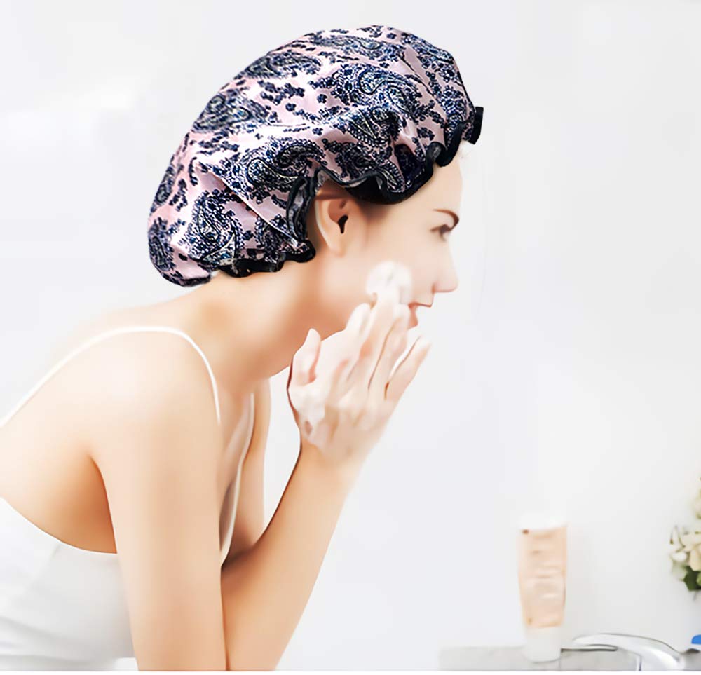 Luckindom Shower Caps, 3 Pack Extra Large and Double Layered Waterproof Bath Cap for Women and Girls, Adjustable and Reusable Shower Hat and Bonnet for Hair Protection (Type 2) : Beauty