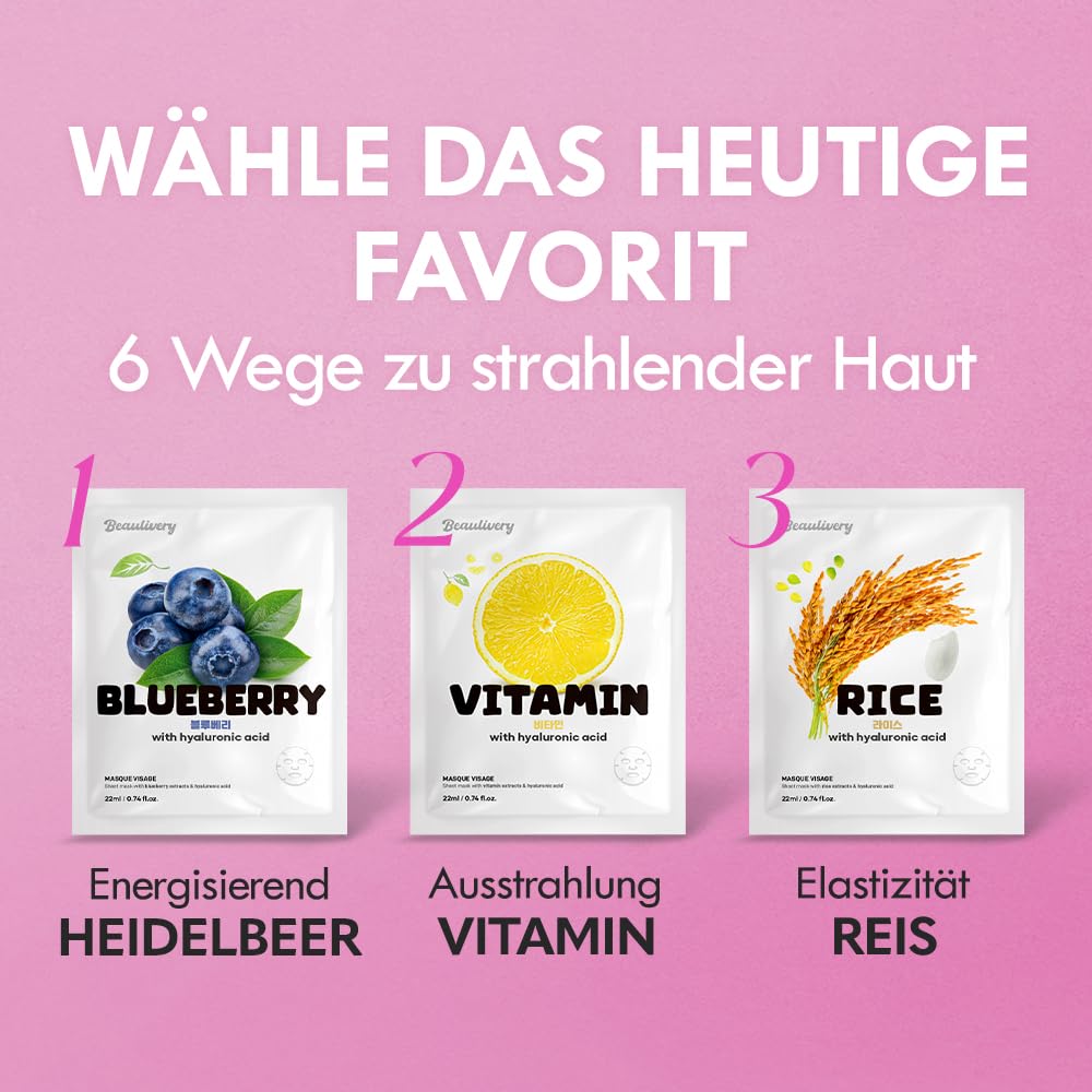 [12 Stück] BEAULIVERY Koreanische Gesichtsmaske mit Hyaluronsäure Tuchmaske, Korea Tuchmasken set 7