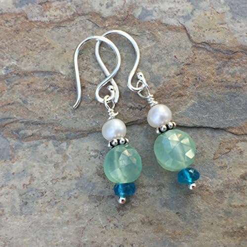 Light Green Chalcedony, Neon Apatite and Pearl Earrings with Sterling Silver, 1.15 inches long