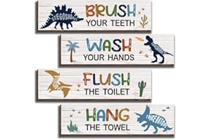HIWERAN 4 Pcs Watercolor Dinosaur Bathroom Wall Decor Signs, Funny Bathroom Rules Wood Hanging Sign Toilet Restroom Wall Decor, Inspirational Dinosaur Wall Art Signs for Boys-8 (11.8”X3”)