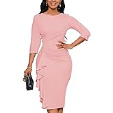Yajedo Church Dresses for Women 3/4 Sleeve Bodycon Ruffle Vintage Wear to Work Pencil Midi Dress