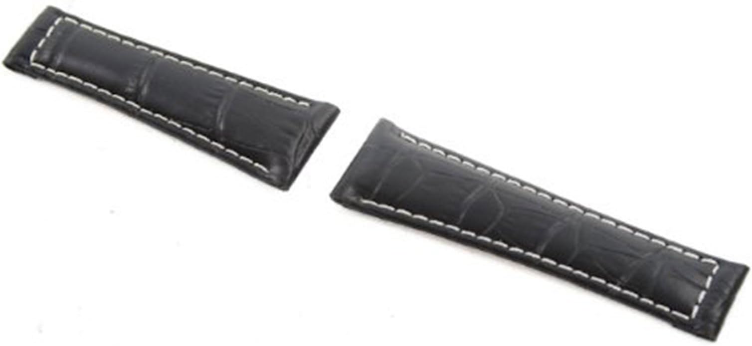 Fits Breitling Amer Croc Black Watch Strap with White Stitching (20mm/16mm) No Buckle