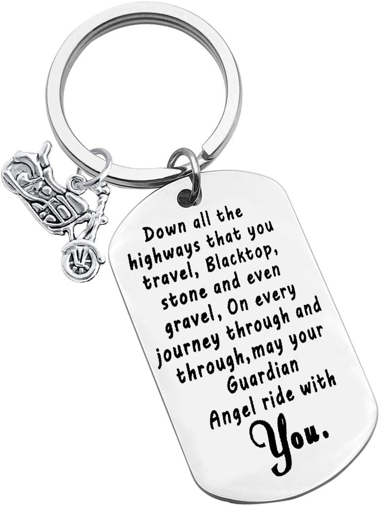 Huwujiu Biker Gift Motorcycle Keyring Ride Safe Keyring May Your Guardian Angel Ride With You Keyring Driver Keyring Gift Valentines Day Christmas Birthday Gifts Biker Gifts for Men Women