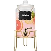 Glass Drink Dispensers For Parties, 1 Gallon Beverage Dispenser With Glass Airtight Lids, Gold Metal Stand And Stainless Steel Spigot. Lemonade & Juice Dispenser With Chalk board-One Pack