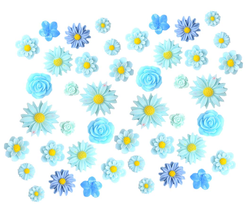 44 Pack Flower Resin Charms Daisy Peony Plastic Flatback Loose Beads for Jewellery Making Scrapbooking Phone Case Decor Hair Accessories Fairy Garden Decor (Blue)