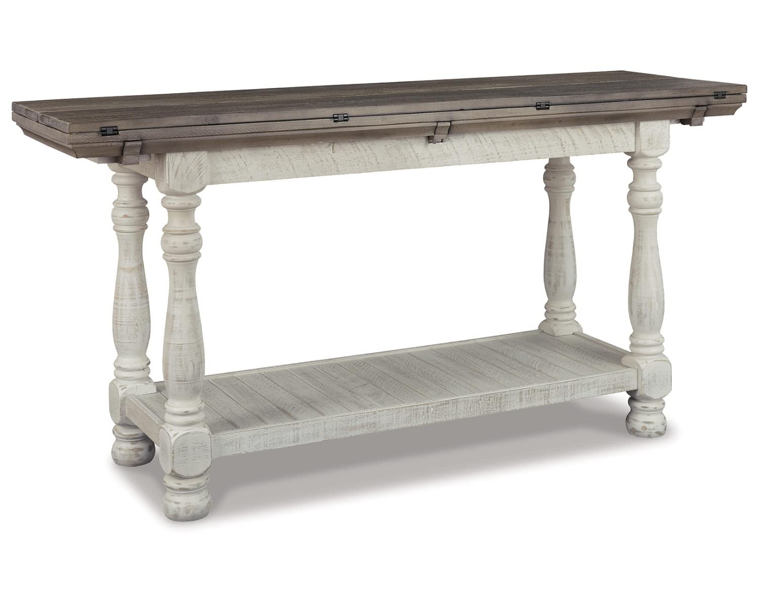 Photo 1 of ** USED ** Signature Design by Ashley Havalance Farmhouse Sofa Table, Flip Top Design for Additional Dining Space and Fixed Lower Shelf, Gray & White with Weathered Finish