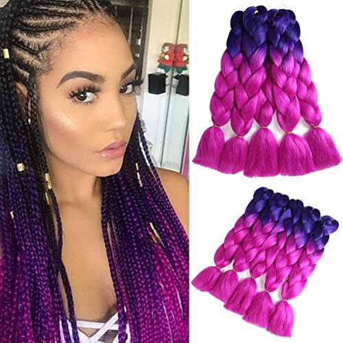 60 Cm Jumbo Braid Hair Extension Synthetic Tone Ombre Kanekalon Fiber For Twist Braiding Hair 5pcs/Lot 100g/Pc (24" Dark Blue To Rose Red)