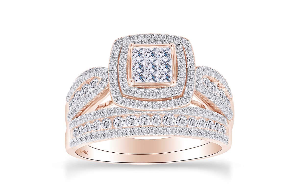 1 1/2 Cttw Womens Princess Natural Diamond Bridel Wedding Ring Band Set 14Kt Solid Gold (I-J Color, 