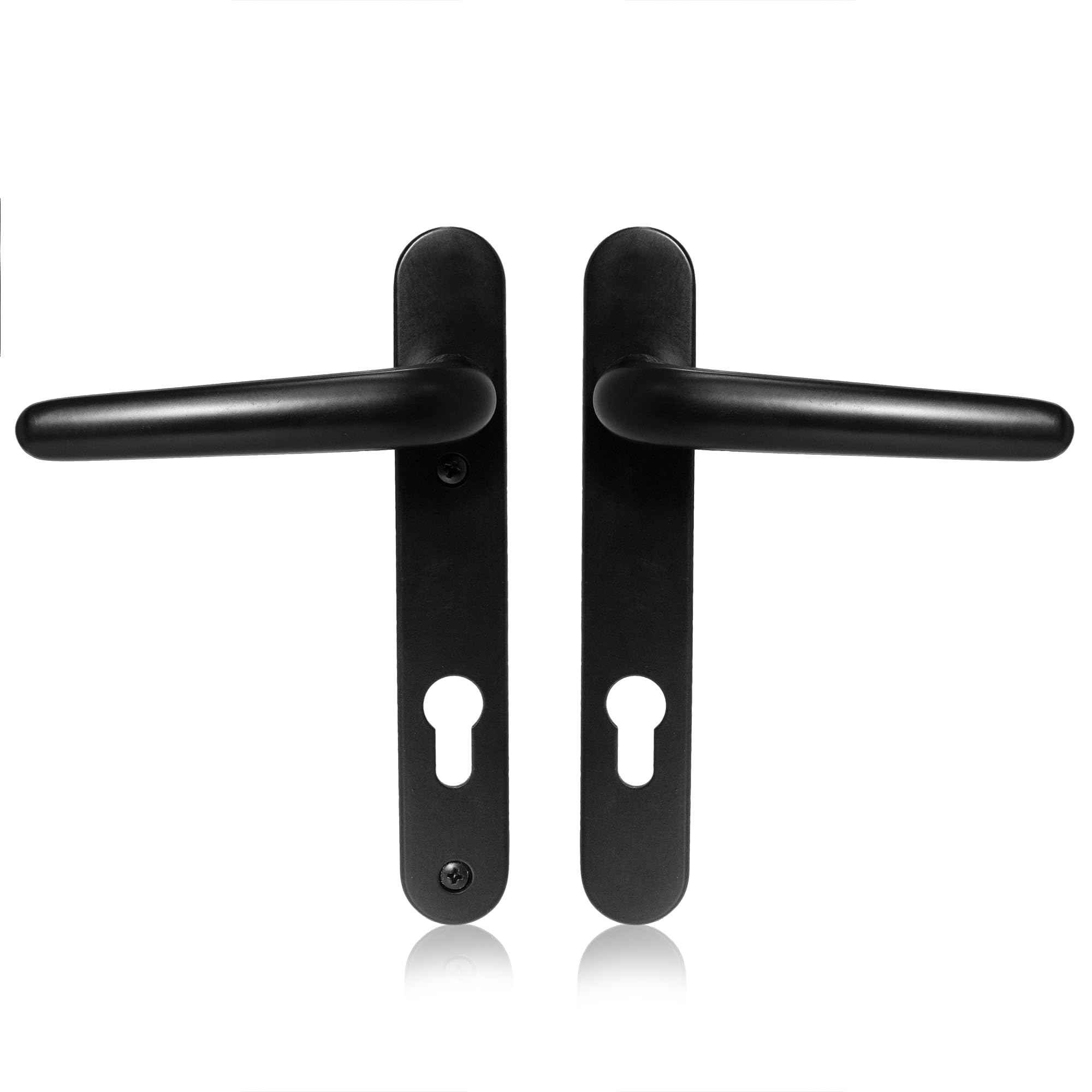 Uros Matt Black Door Handle (PZ 92mm, 122mm Screw Hole Distance, 209mm Overall) Aluminium Short Backplate, UPVC Front Door Handle