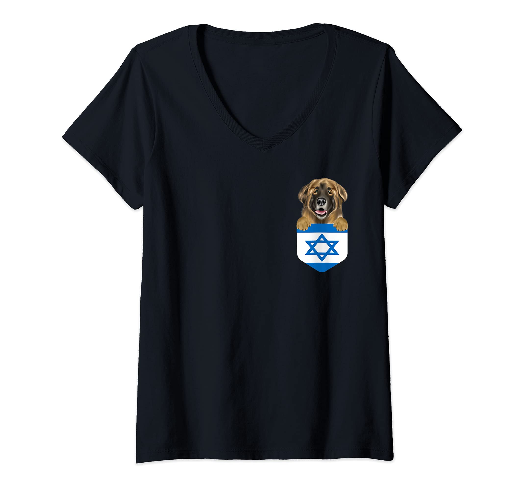 Womens Israel Flag Leonberger Dog In Pocket V-Neck T-Shirt