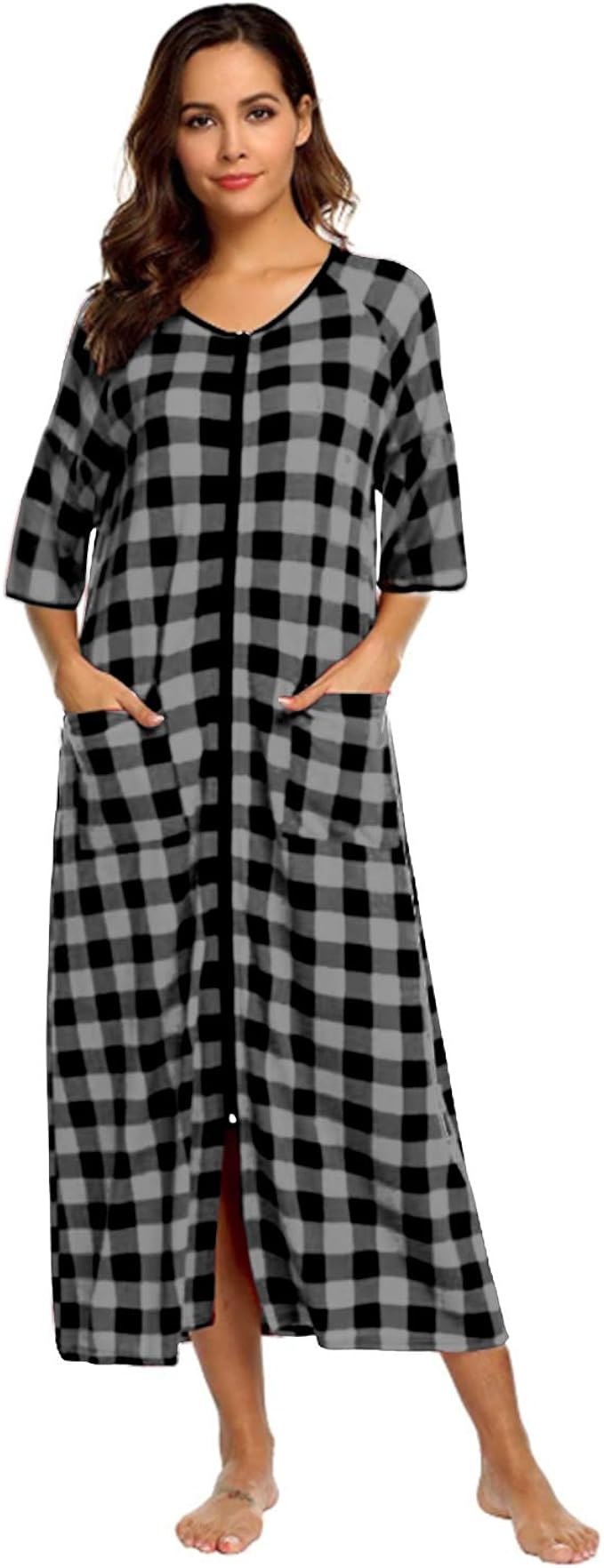 SUNNYME Womens Zip Up Dressing Gowns Short Sleeve Long Nightdresses