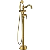 WINKEAR Freestanding Floor Mount Tub Filler with Handheld Shower Roman Bathtub Faucet by Brushed Gold Finish, Swivel Spout with Brass Rough-in and Water Hose
