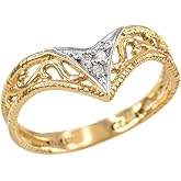 Modern Contemporary Rings Fine 14k Yellow Gold Filigree Chevron Diamond Ring for Women (Size 5)