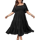 SCOMCHIC Women's Plus Size Flowy Maxi Dress Flutter Short Sleeve Boho Dress Square Neck Smocked Formal Dresses for Women
