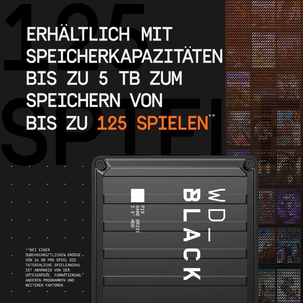 WD_BLACK P10 Game Drive 5 TB externe Festplatte (mobile und robuste High-Perfomance-Festplatte, für Konsole und PC, bis zu 125 Spiele speichern) Schwarz 5