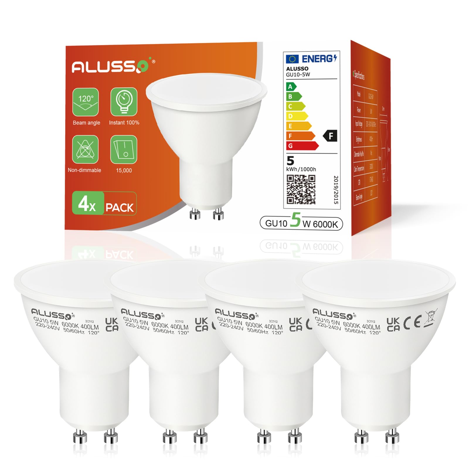 ALUSSO LIGHTING GU10 LED 5W Bulbs, Replaces 50W Halogen Lamp, 400 Lumen 6000K Cool White Lamps, Beam Angle 120° Flicker-Free Spotlights, Non Dimmable Reflector Lamps, 4-Pack
