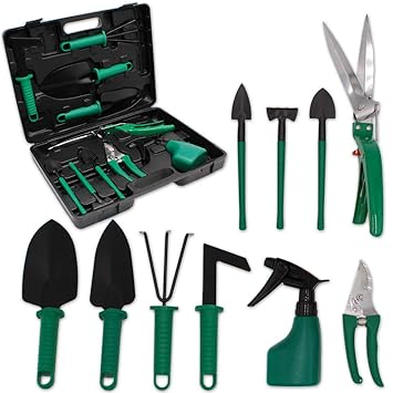 GIOVARA Gartenwerkzeug-Set, 10-teilig, mit Tragetasche, Kelle, Transplanter, Rechen, Gartenschere, Grasschere, Schaufeln und 
