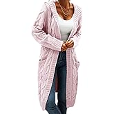 Women's Cable Knit Long Sleeve Sweater Cardigan Open Front Long Cardigans Pocket Hooded Casual Outwear Pink
