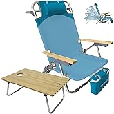WKFAMOUT Folding Backpack Beach Chair Aluminum 5-Position with Samll Camping Table Bamboo Lay Flat Lounge Chair Outdoor for Adults with Insulated Cooler Bag