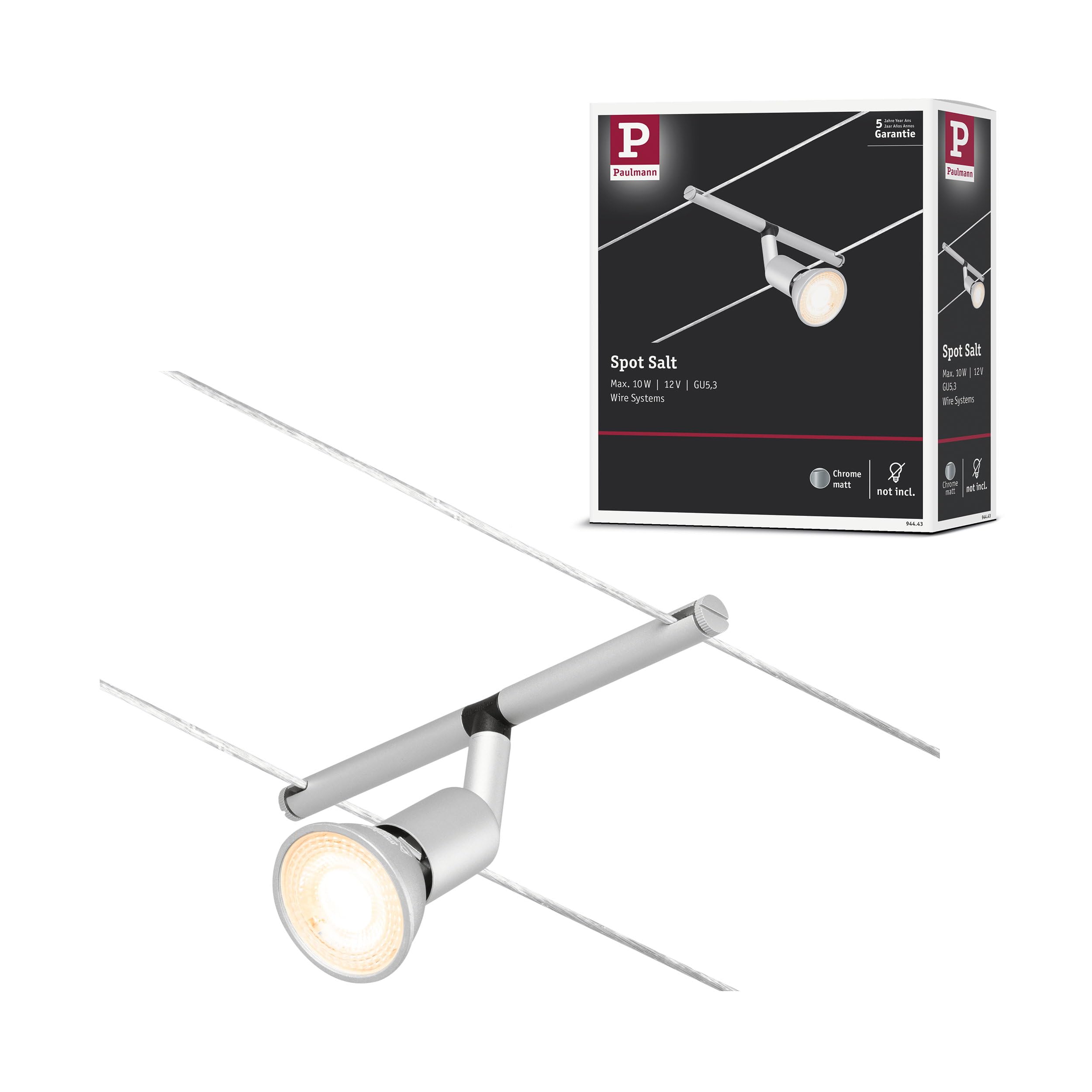 Paulmann 94443 CorDuo Spot Lighting Salt DC, Max 10 Watt Extendable Cable Lamp Matt Chrome Plastic GU5.3 Wire System Without Bulbs