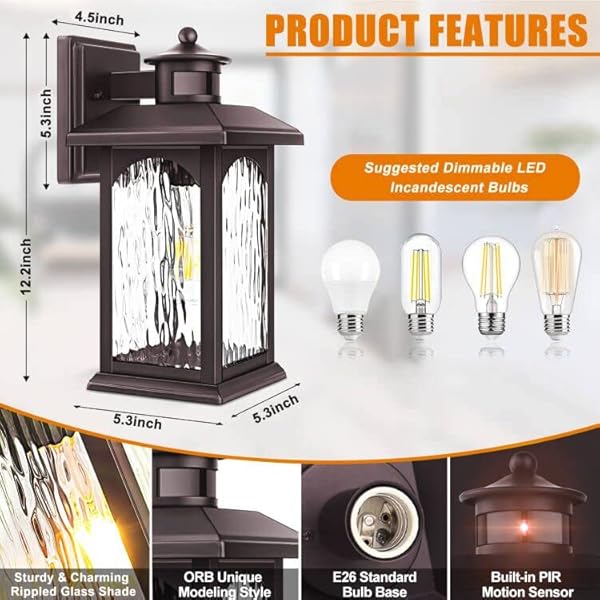 2 PACK MOTION SENSOR OUTDOOR LIGHTS, BROWN DUSK TO DAWN OUTDOOR LIGHTING, OIL RUBBED BRONZE EXTERIOR LIGHT FIXTURES, WATERPROOF PORCH LIGHTS WALL SCONCE FOR HOUSE, GARAGE, PORCH, ENTRYWAY ANTI-RUST