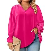 Eytino Plus Size Tops for Women Sexy V Neck Smocked Long Sleeve Blouse Loose Casual Work Shirts(1X-5X)