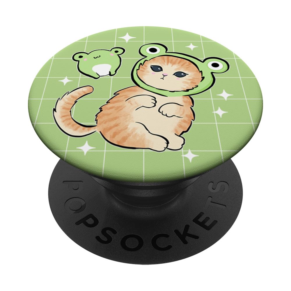 PopSockets Kawaii Frog & Cat - Frog Hat Retro 90s Cottagecore Aesthetic PopSockets Swappable PopGrip