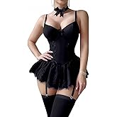 uwsic Sexy Lingerie for Women Lace Choker Corset Bodysuit Underwire Babydoll Lingerie Set with Stockings 4 Piece Outfits