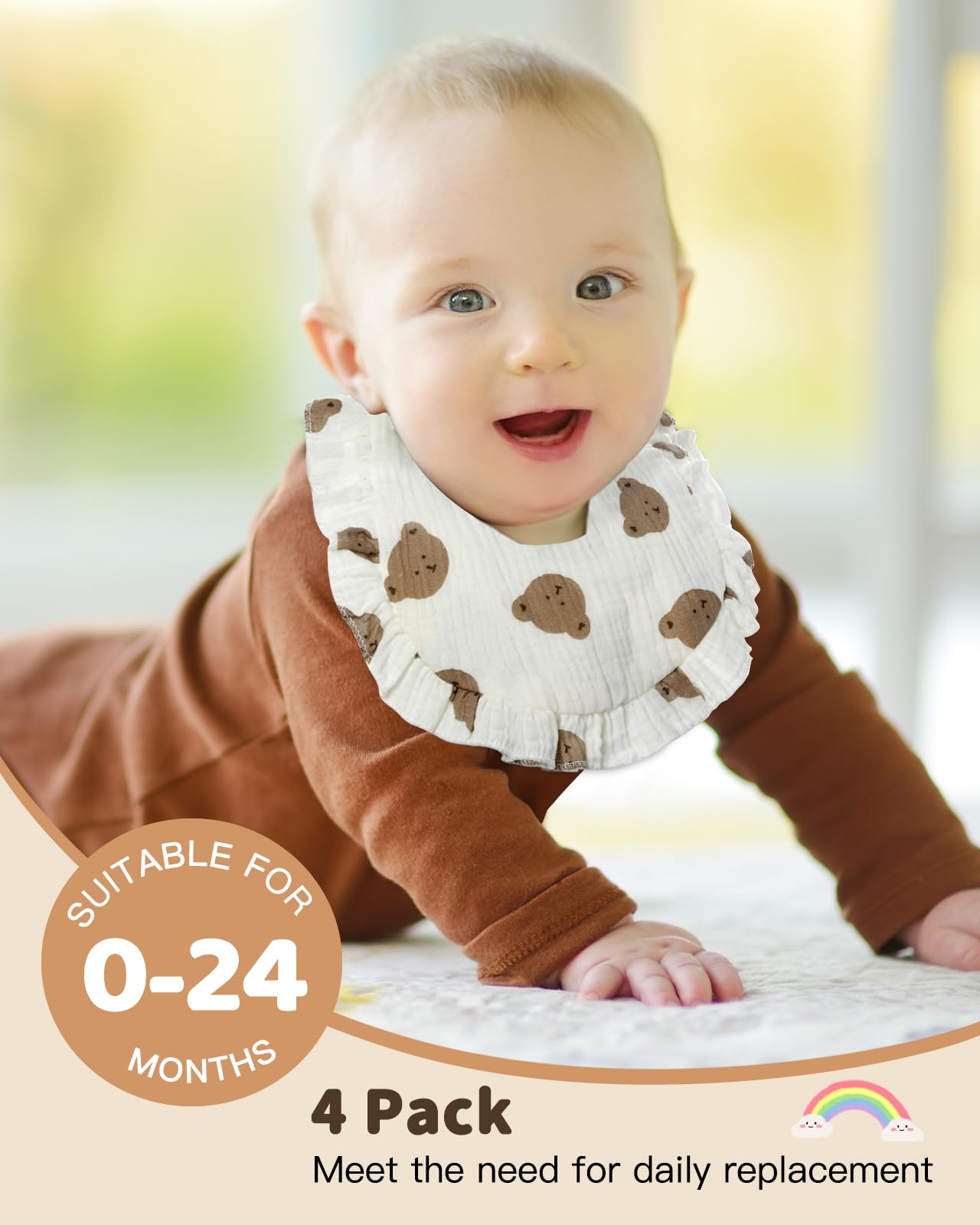 Lictin Muslin Baby Drool Bibs, 4-Pack Baby Bandana Drool Bibs Cotton Unisex, Snap Muslin Bibs for Boys Girls, Absorbent & Soft for Teething and Drooling White Pattern