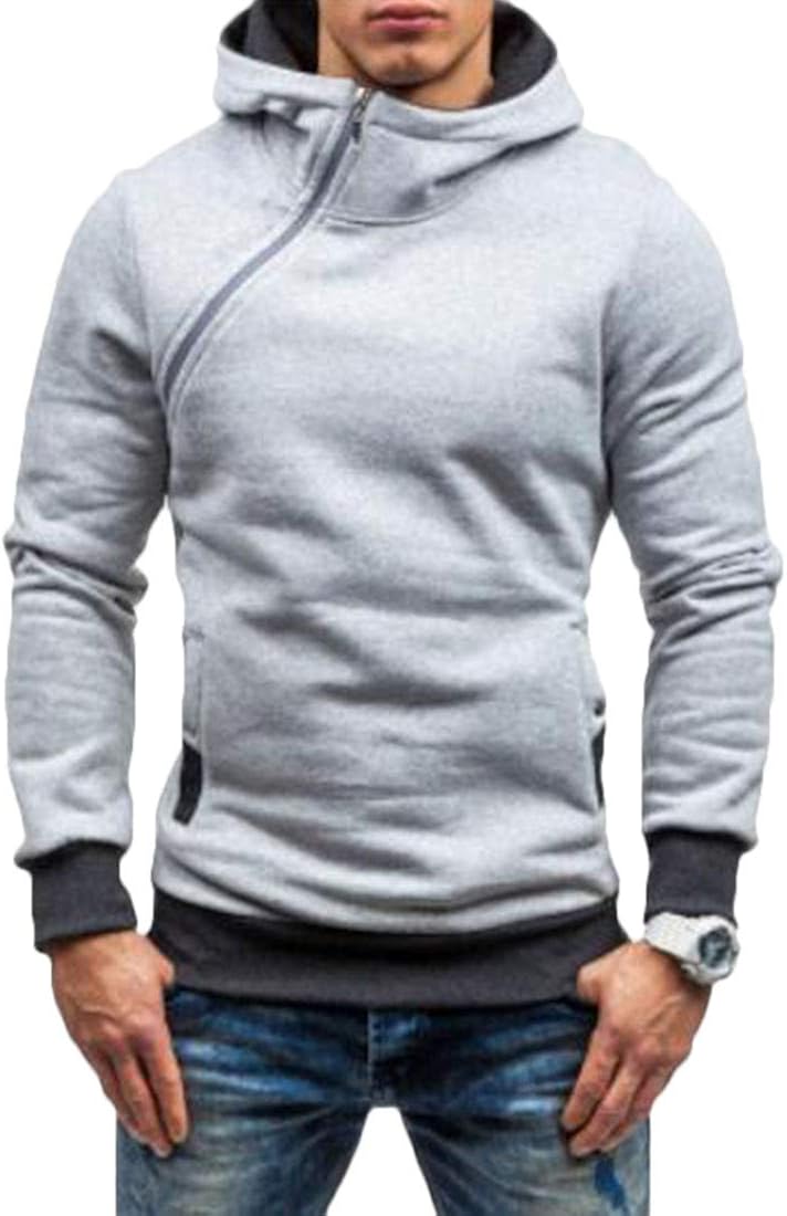men oblique zipper hooded sweatshirt