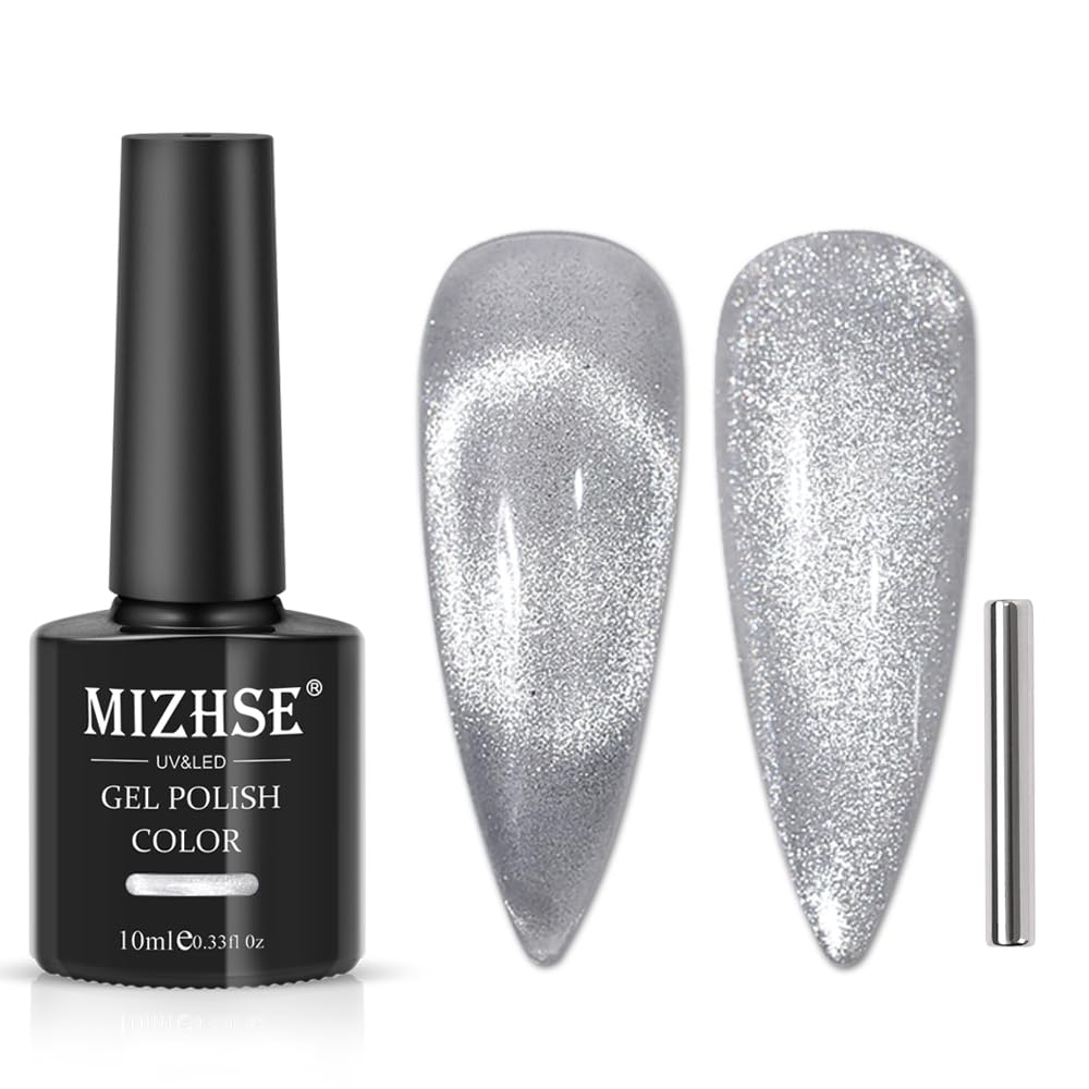 MIZHSE Cat Eye Gel Nail Polish, Silver Cats Eye Nails, Magnetic Cat Eyes Polish, UV Gel Nails Polished with Magnet, Silver, 10ml