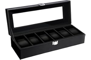 Uten Watch Box, 6 Slots Watch Case, Watch Organizer Jewelry Storage with Large Glass Lid, Black Lining, Watch Display Box for Men & Women Gift