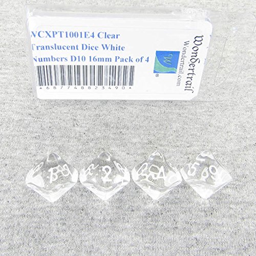 Clear Translucent Dice with White Numbers D10 Aprox 16mm (5/8in) Pack of 4 Wondertrail