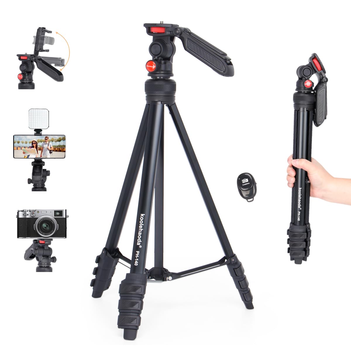 koolehaoda Phone Tripod, 55"/140cm Aluminum Lightweight Portable Camera Tripod for Iphone/Smartphone/Action Camera/DSLR Camera, with Phone Holder & Wireless Bluetooth Control Remote