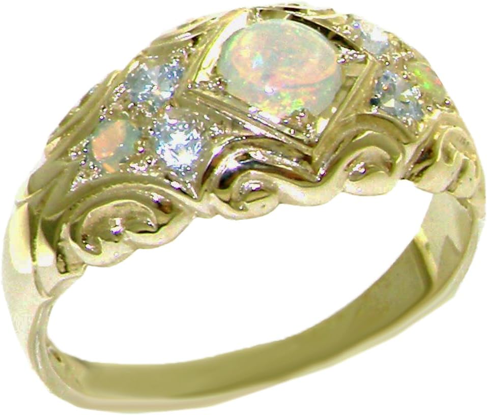 Solid 9ct Yellow Gold Natural Opal & Diamond Vintage Style Band Ring