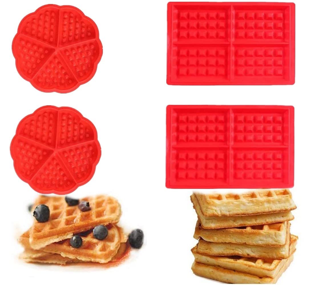 VOARGE Silicone Waffle Baking Mould Set, Heart & Rectangular, Red, BPA Free