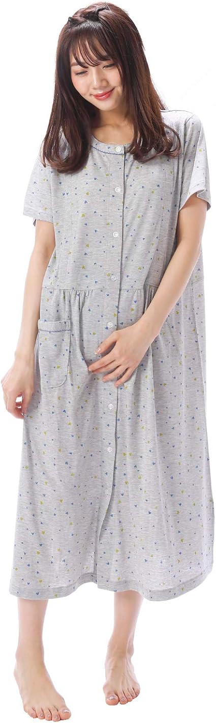 Amazon Nishiki ニシキ マタニティ ネグリジェ 授乳口付き 選べる柄 カラー 半袖 前開き ロング丈 夏向き 綿混 天竺ニット素材 産前 産後 入院用 出産準備 レディース ワンピースパジャマ マタニティウェア 部屋着 かわいい Mata ﾊｰﾄﾄﾞｯﾄｸﾞﾚｰ Ll ルーム