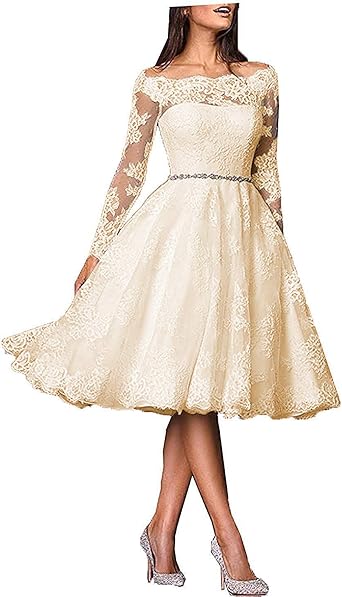 Amazon Com Natasha Women S Off Shoulder Lace Wedding Dress Long Sleeve Bride Wedding Gowns Tea Length Clothing