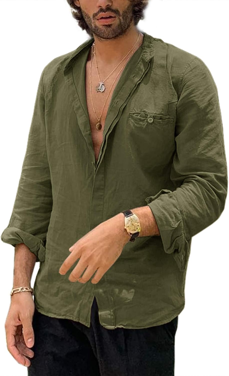 Men's Linen Button Down Shirts Long Sleeve Beach Yoga Casual Dress