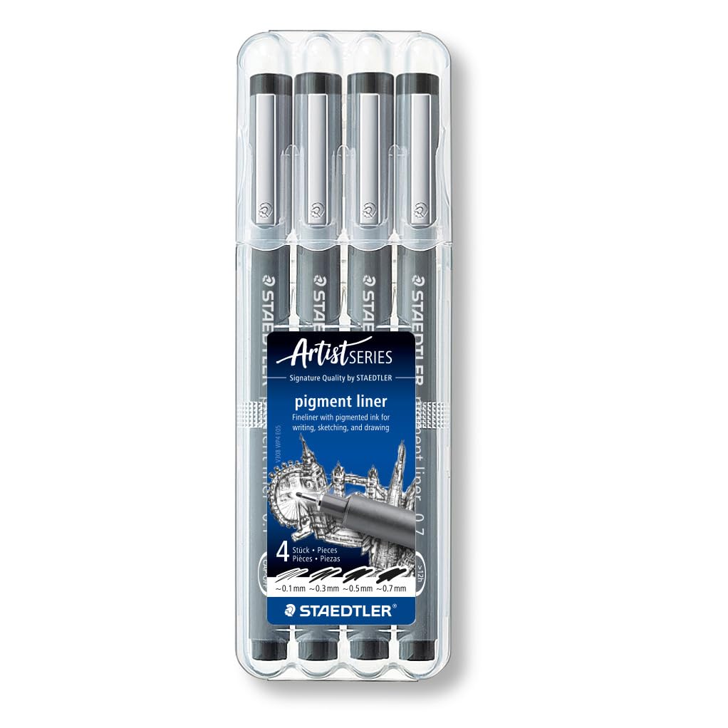 STAEDTLER 308 WP4 Pigment Liner Fineliner Pen for Writing & Technical Drawing - Black, Assorted Line Widths (Pack of 4)